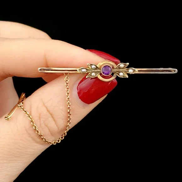 Antique Old Cut Amethyst Seed Pearls 9k Yellow Gold Brooch w Chain English Pin - Picture 2 of 6